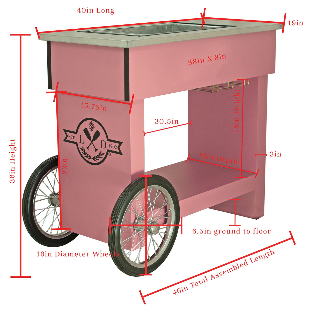 Dimensions and Specs of Lee Display's Champagne and Wine Bar Cart with Wheels in Pink Color
