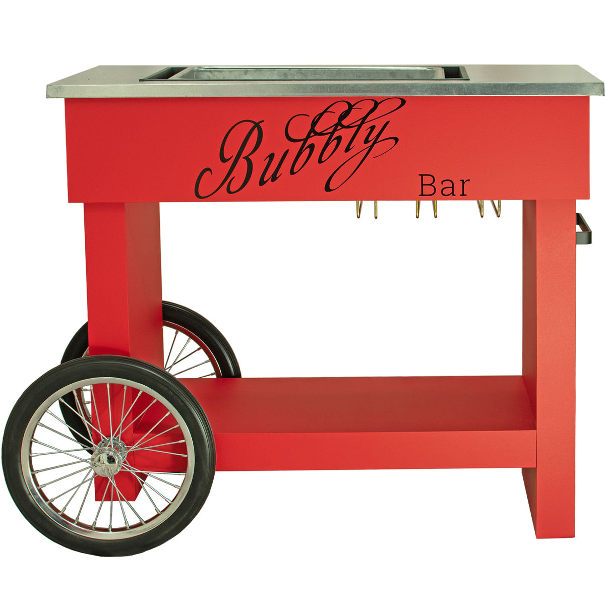 Lee Display's Champagne and Wine Bar Cart with Wheels in Red Color and a Bubbly Bar Decal