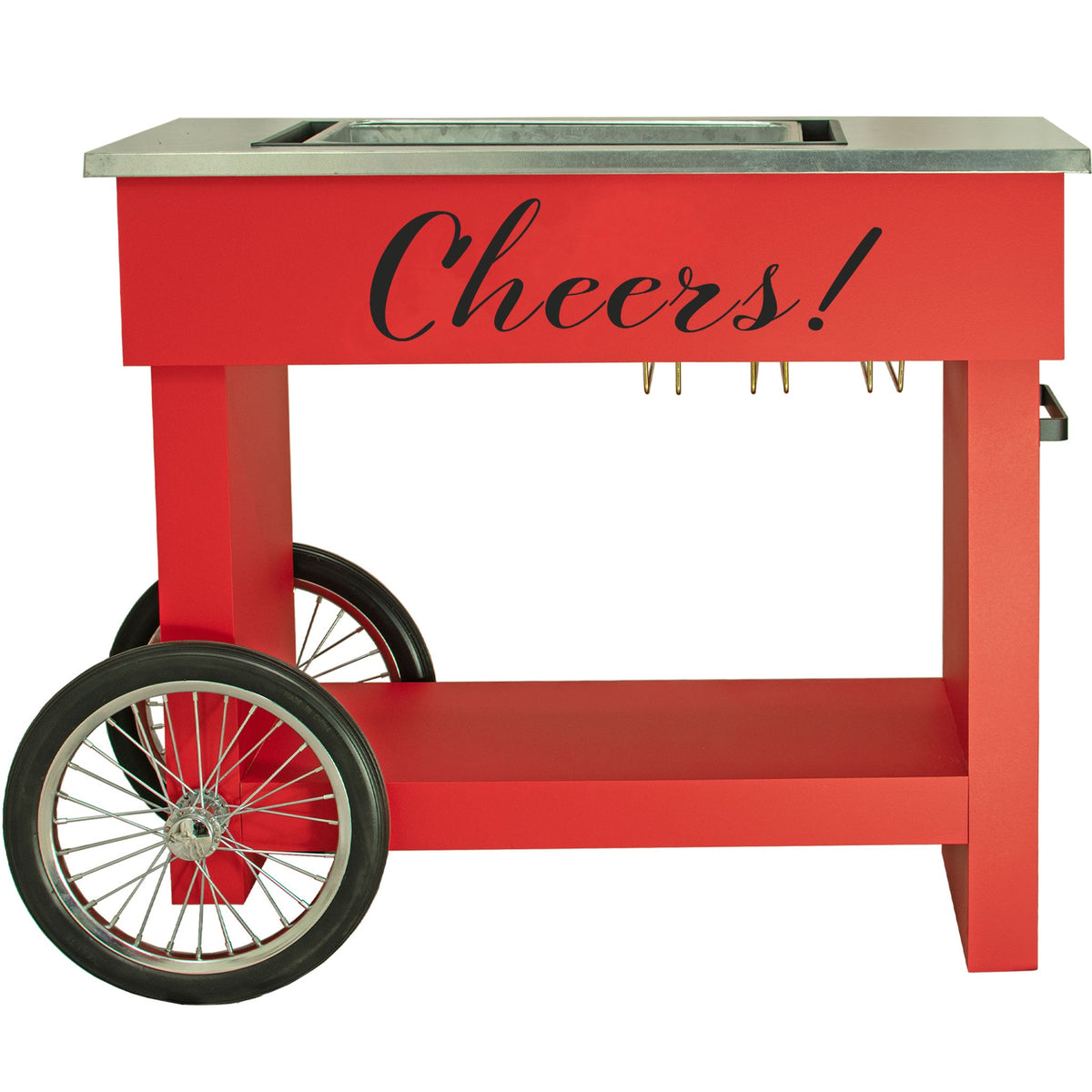 Lee Display's Champagne and Wine Bar Cart with Wheels in Red Color and a Cheers! Decal