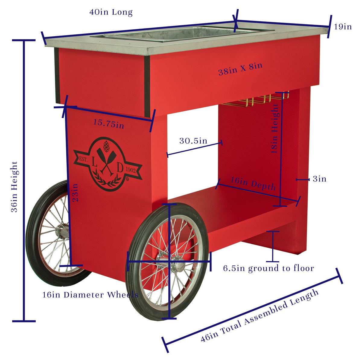 Dimensions and Specs of Lee Display's Champagne and Wine Bar Cart with Wheels in Red Color