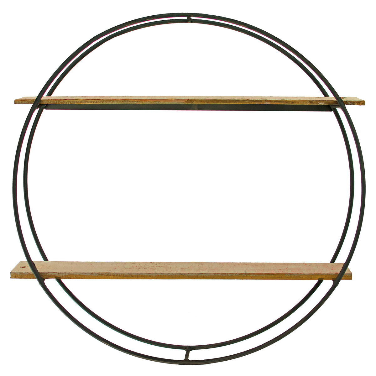 a circular floating shelf made of steel and redwood with 2 shelves