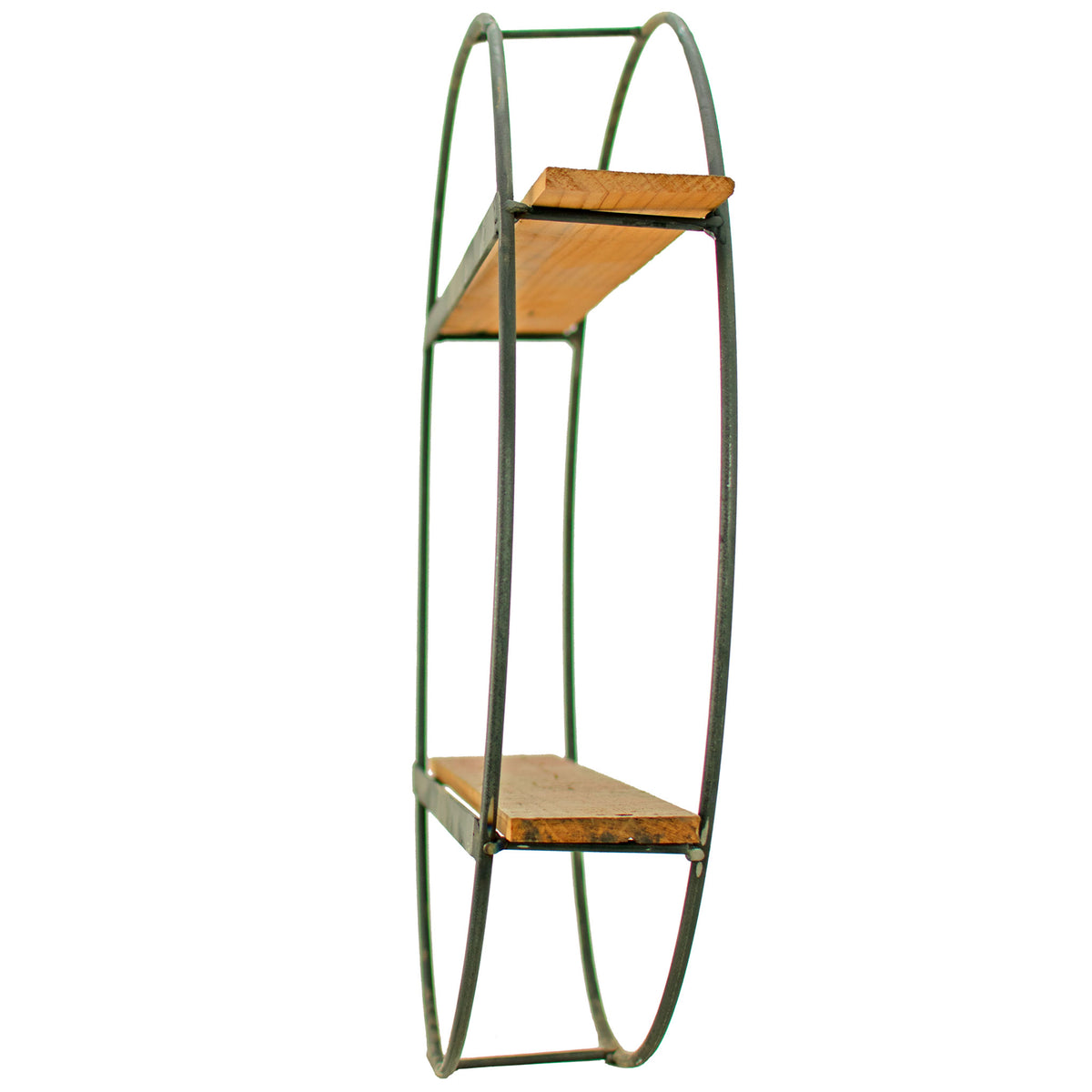The back side angle photo of the black circular floating shelf with double-tiered redwood shelves