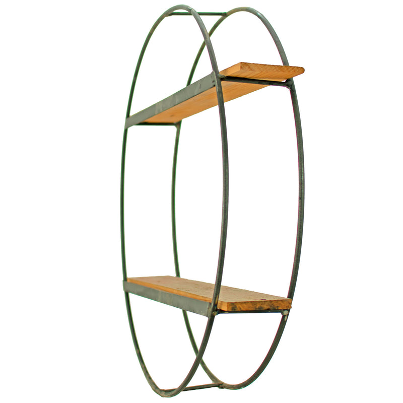 The back side angle photo of the black circular floating shelf with double-tiered redwood shelves