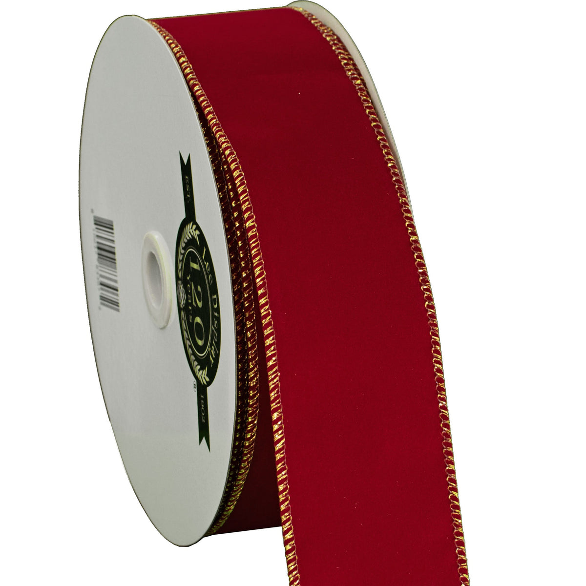 Lee Display's double-sided red velvet ribbon comes with a gold wire edge. Sold in rolls of 50 yards.