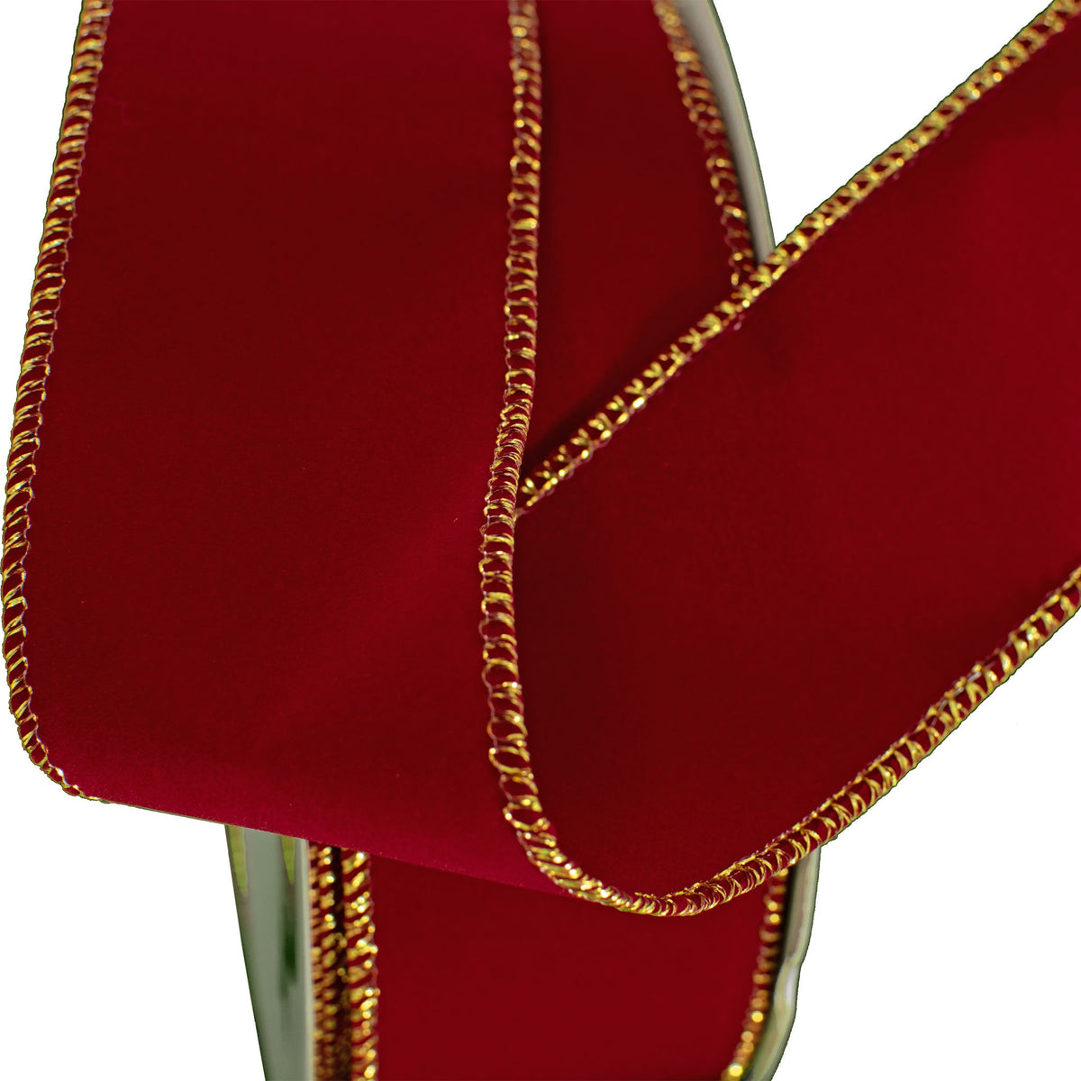 Lee Display's double-sided red velvet ribbon comes with a gold wire edge.