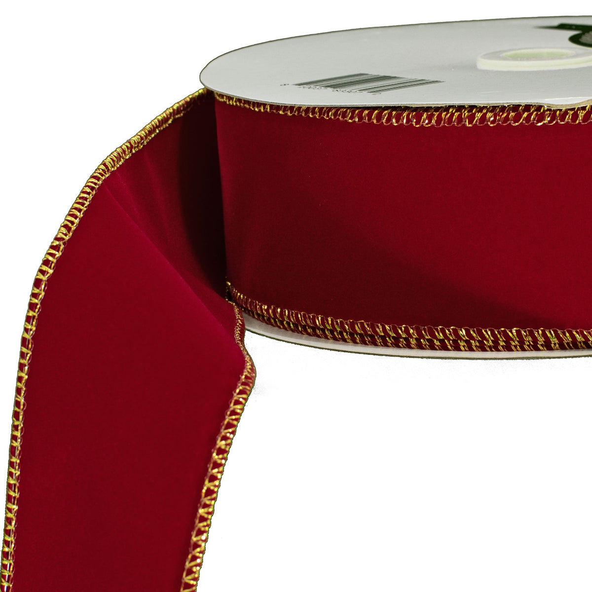 Lee Display's double-sided red velvet ribbon comes with a gold wire edge.