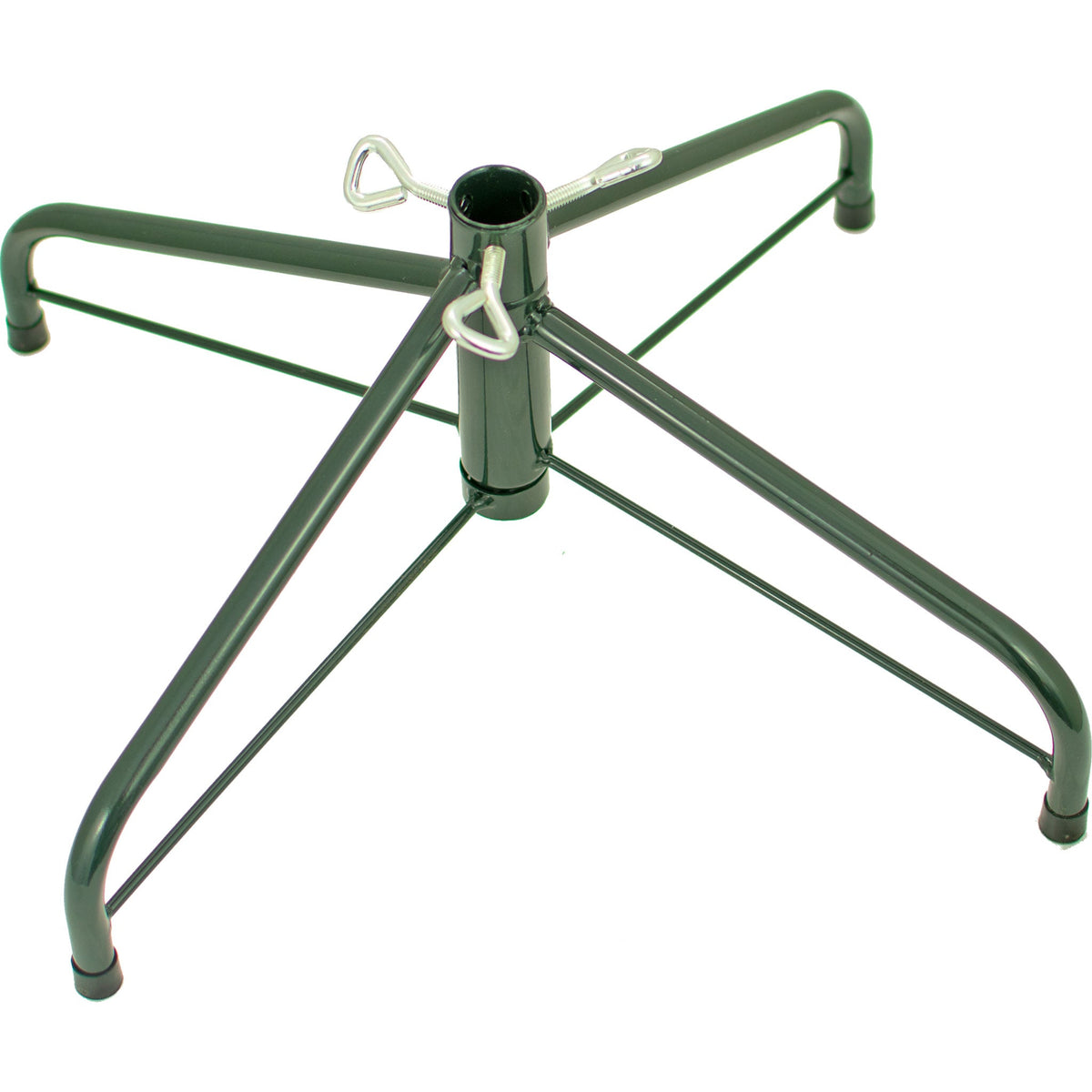 Tree Stands come in green metal and fold for easy convenience.