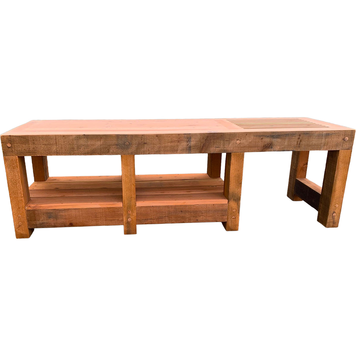 Large Redwood Anchor work table built by Lee Display.