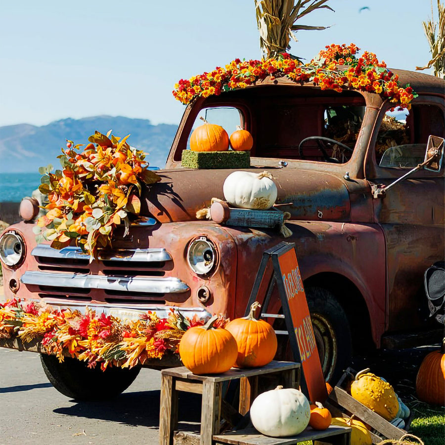 Vintage Jalopy Truck decorated for October's Pumpkin Patch on Treasure Island