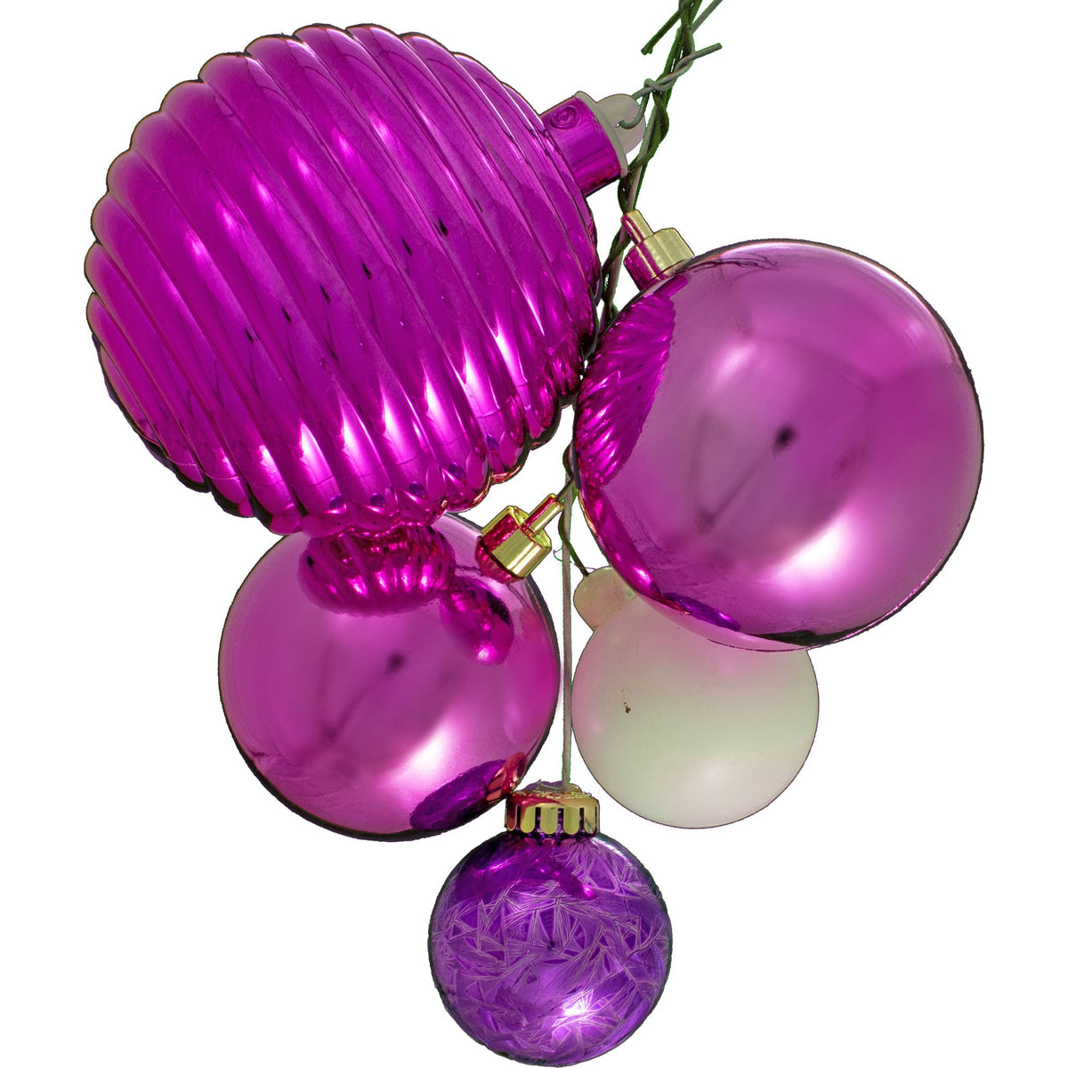 Colors include:  2 - Shiny Pink Ball Ornaments (80MM & 70MM) 1 - Matte White Ball Ornament (50MM) 1 - Fuschia Purple Ball Ornament (50MM) 1 - Ribbed Pink Ball Ornament (100MM)