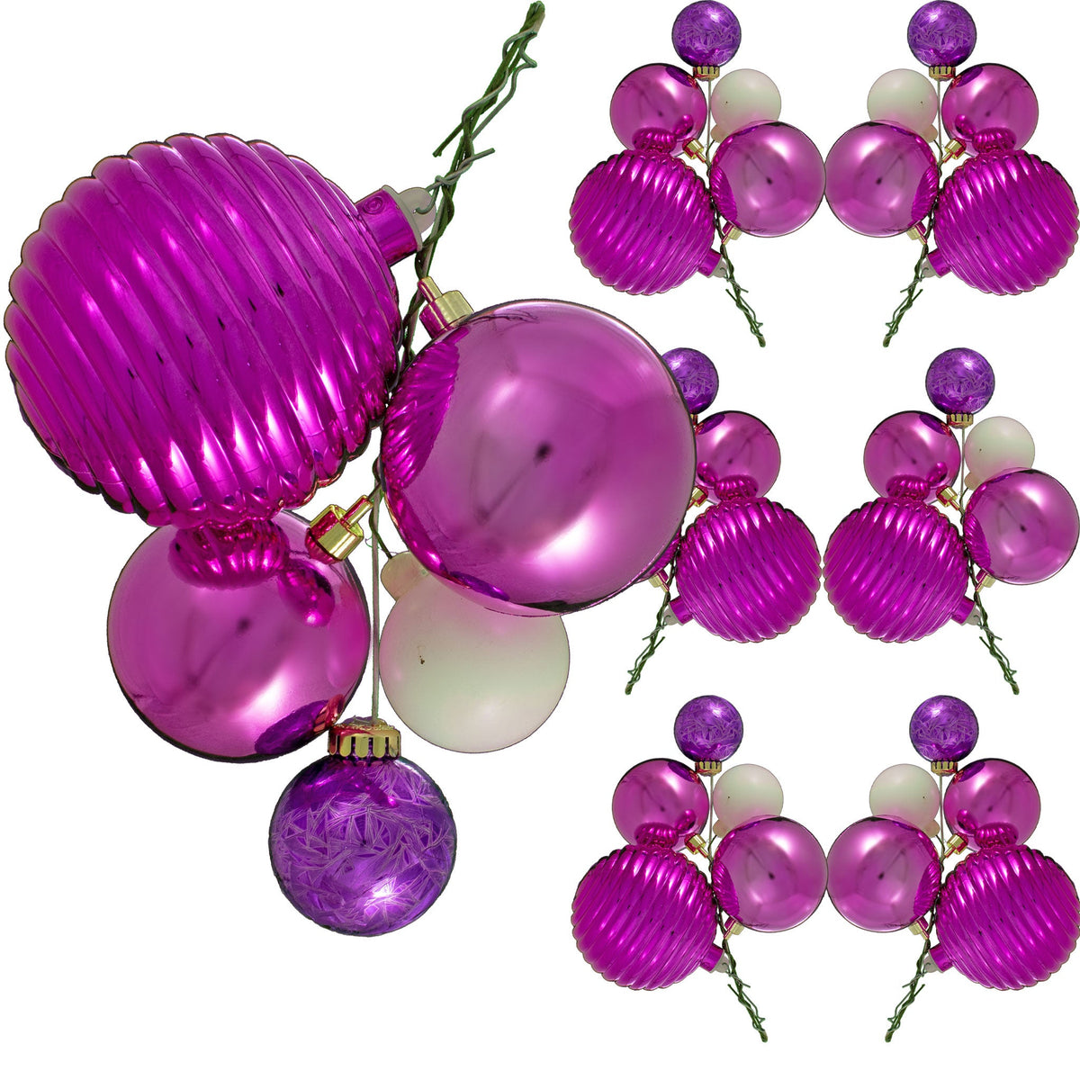 The Orinda Christmas Ball Ornament Cluster with Shiny Pink, Purple, and Matte White Ball Ornaments sold in sets of 6 from leedisplay.com