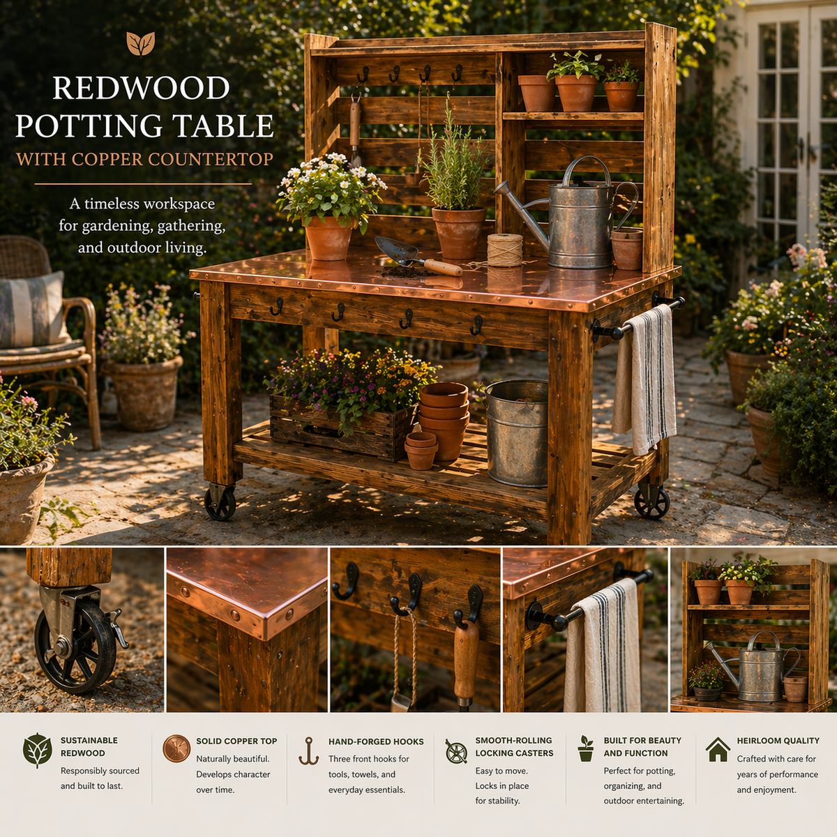 Redwood Potting Table with Copper Countertop