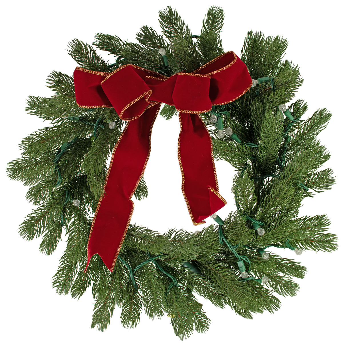 Introducing Lee Display's brand-new Pre-Decorated Pre-Lit Pine Needle Christmas Wreath with a Red Velvet Bow!