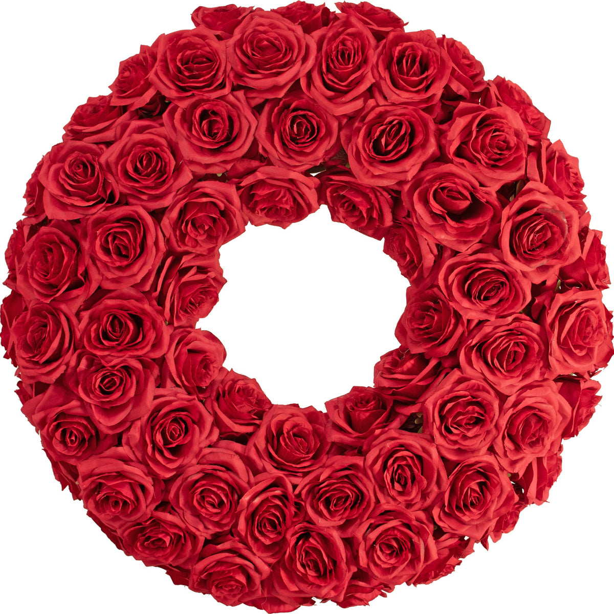 22 Inch Diameter 3-Dimensional Red Rose Wreath made of artificial rosebud flowers on a foam core and wooden frame.