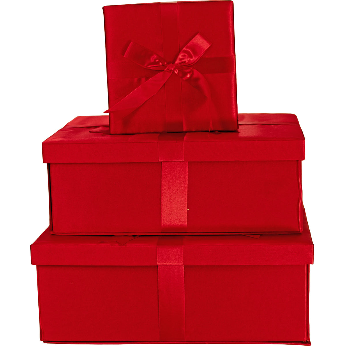 Set of 3 red velvet gift boxes with red ribbon bows