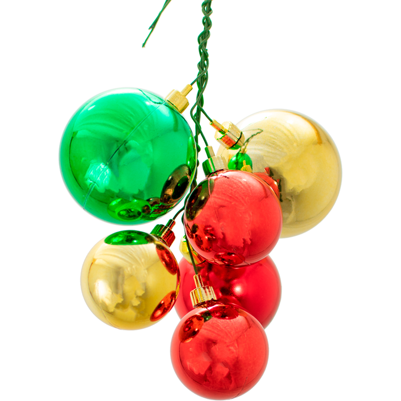 Colors include:  3 - Shiny Red Ball Ornaments (60MM & 50MM) 2 - Shiny Gold Ball Ornaments (70MM & 50MM) 1 - Shiny Green Ball Ornament (70MM)