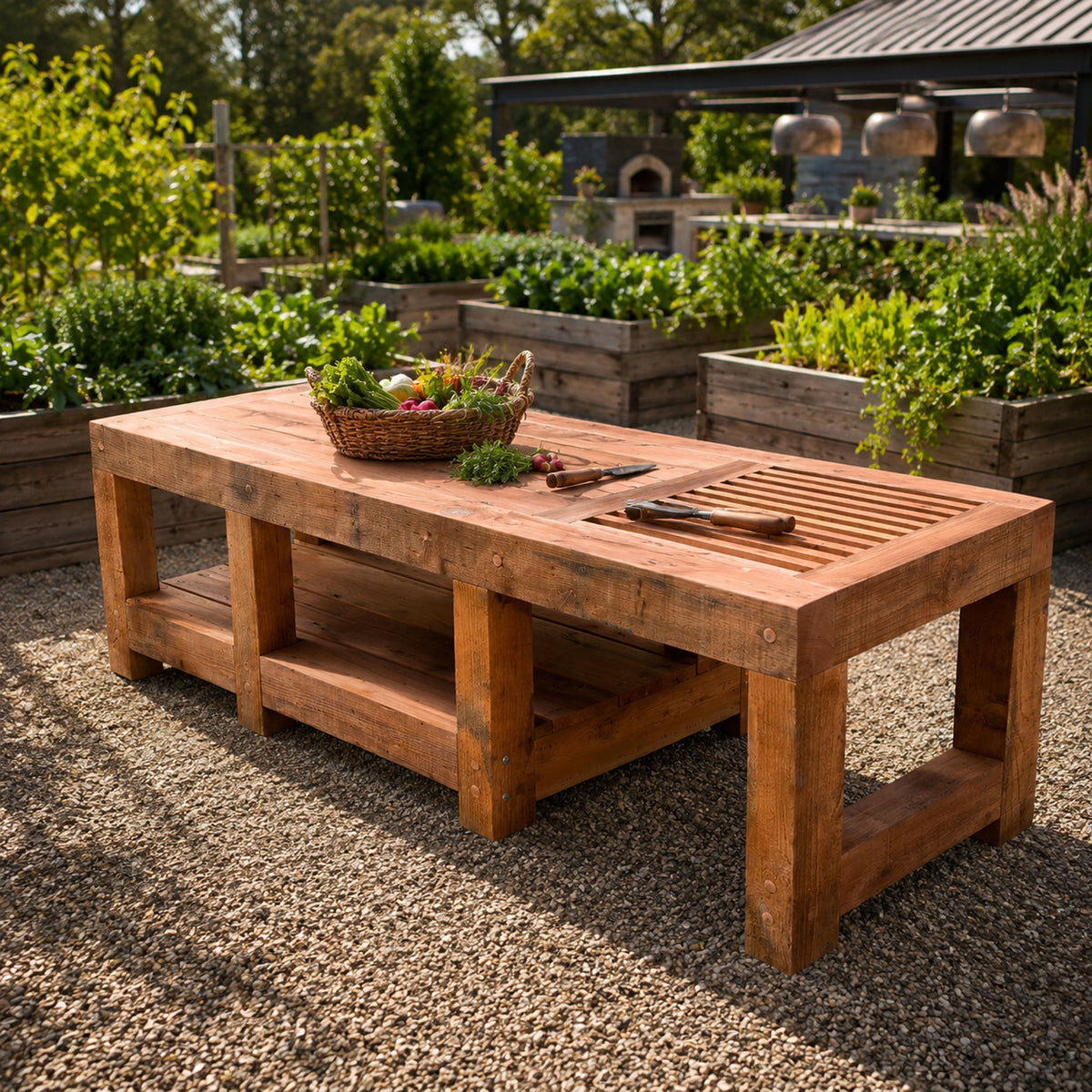 Redwood Anchor Table outside with gardening supplies and tools in a customers garden