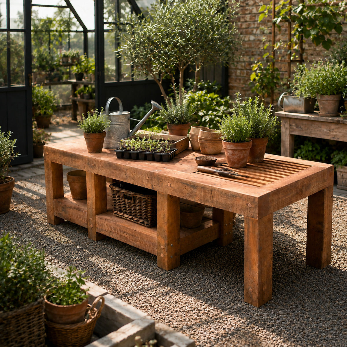 Redwood Anchor Table used for gardening with clay pots and tools in a customers greenhouse