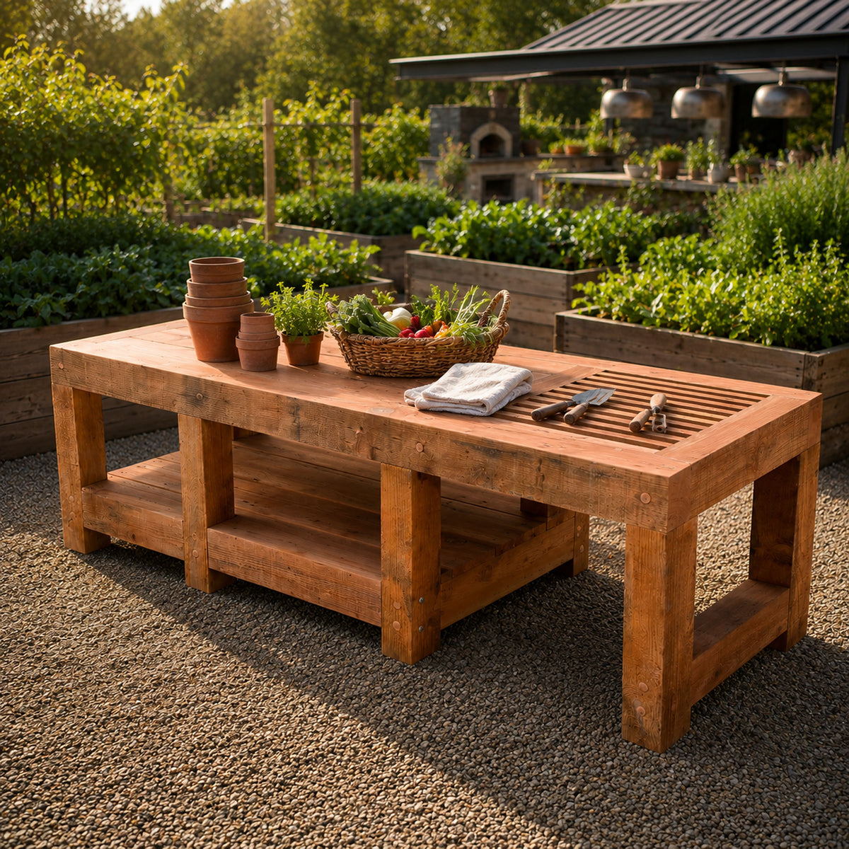 Redwood Anchor Table outside with gardening supplies and tools in a customers garden
