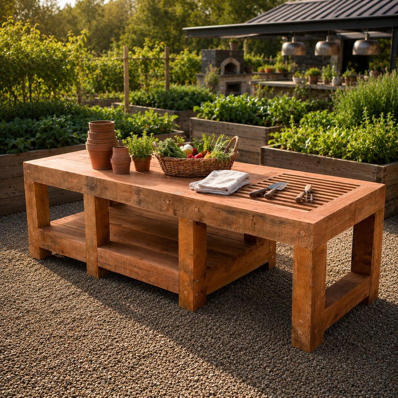 Redwood Anchor Table outside with gardening supplies and tools in a customers garden
