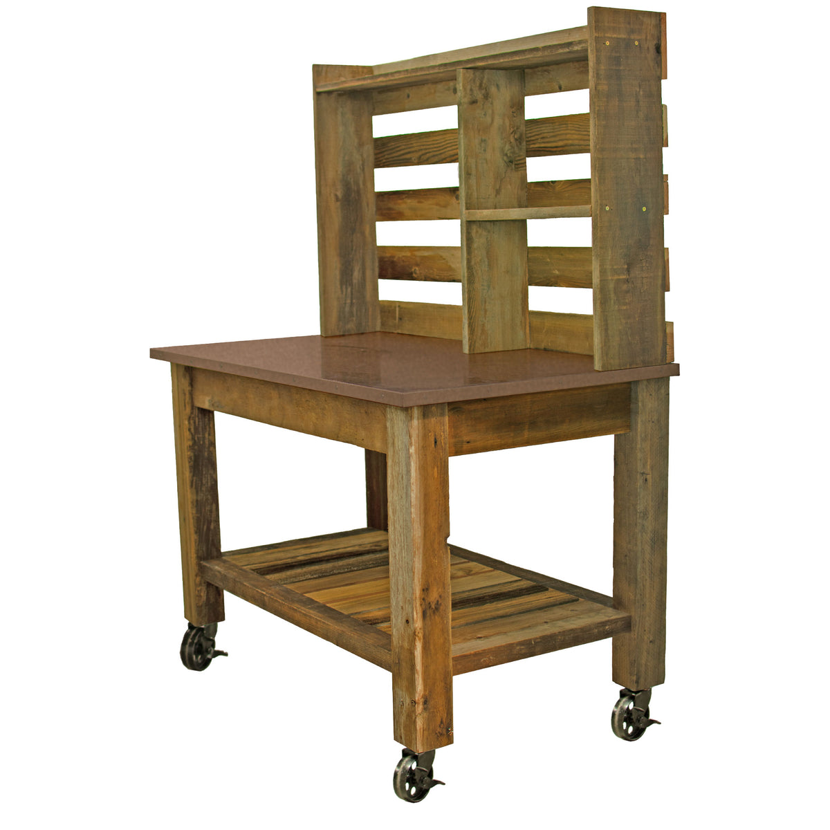 Redwood Potting Table with a Copper Countertop and 5in Black Cast Iron Casters