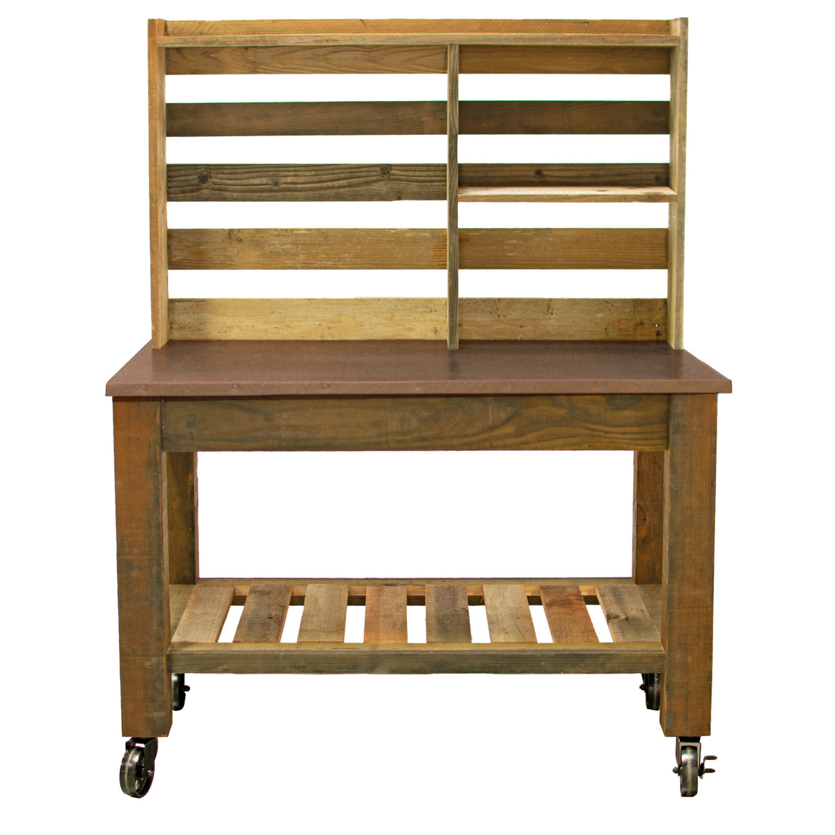 Redwood Potting Table with a Copper Countertop and 5in Black Cast Iron Casters