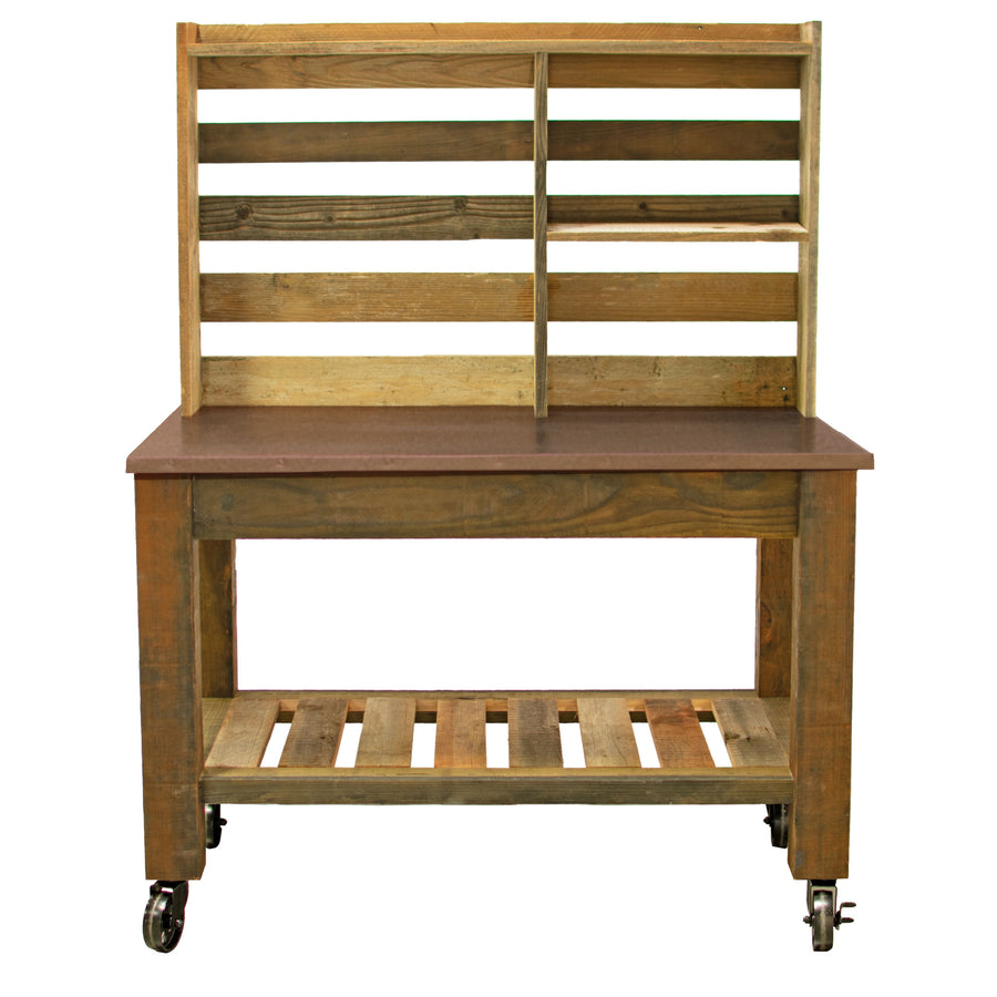 Redwood Potting Table with a Copper Countertop and 5in Black Cast Iron Casters