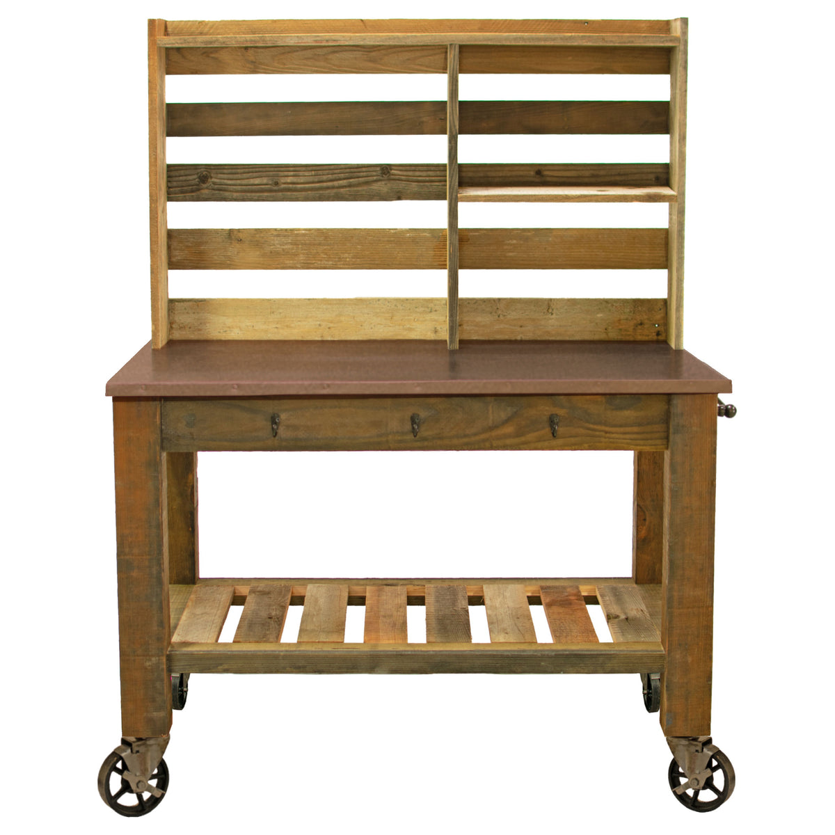 Redwood Potting Table with a Copper Countertop and 6in Vintage Casters comes with 3 Black Tool hooks and a towel bar