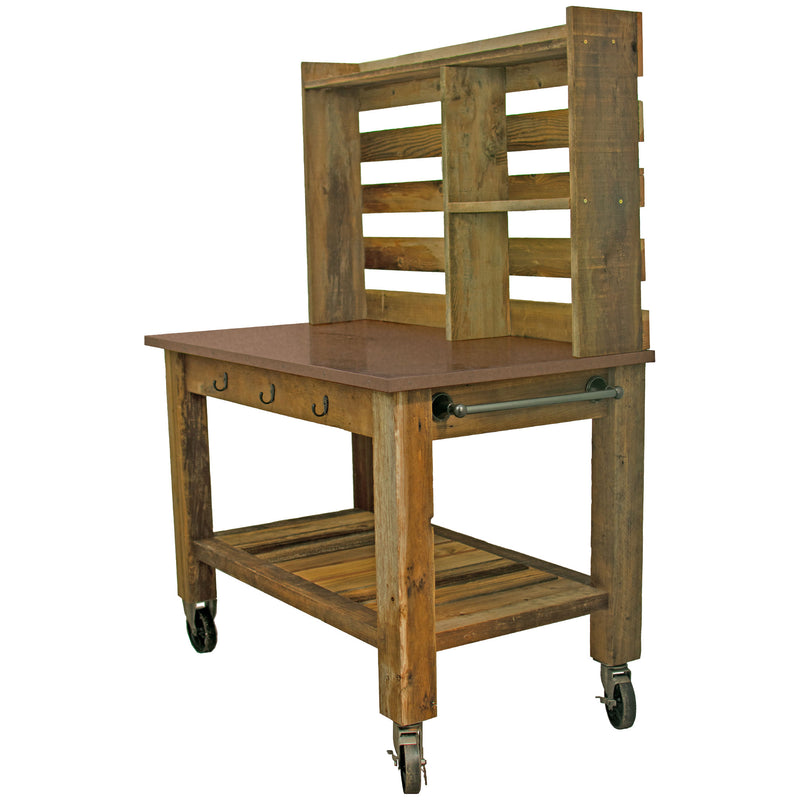 Redwood Potting Table with a Copper Countertop and 6in Vintage Casters comes with 3 Black Tool hooks and a towel bar