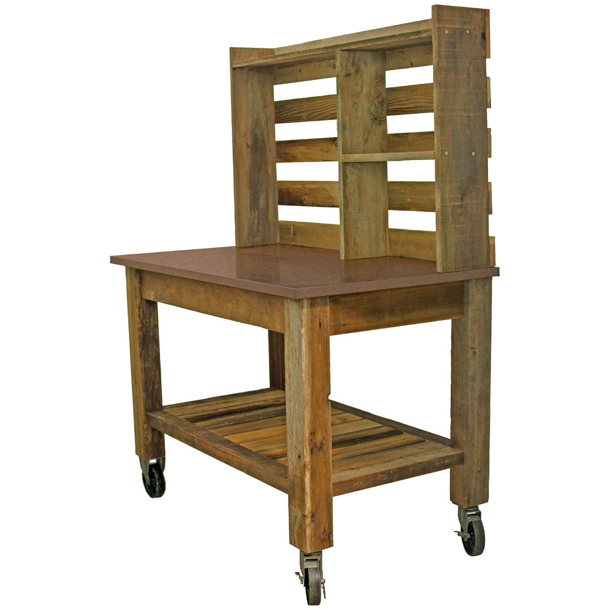 Redwood Potting Table with a Copper Countertop and 6in Vintage Casters