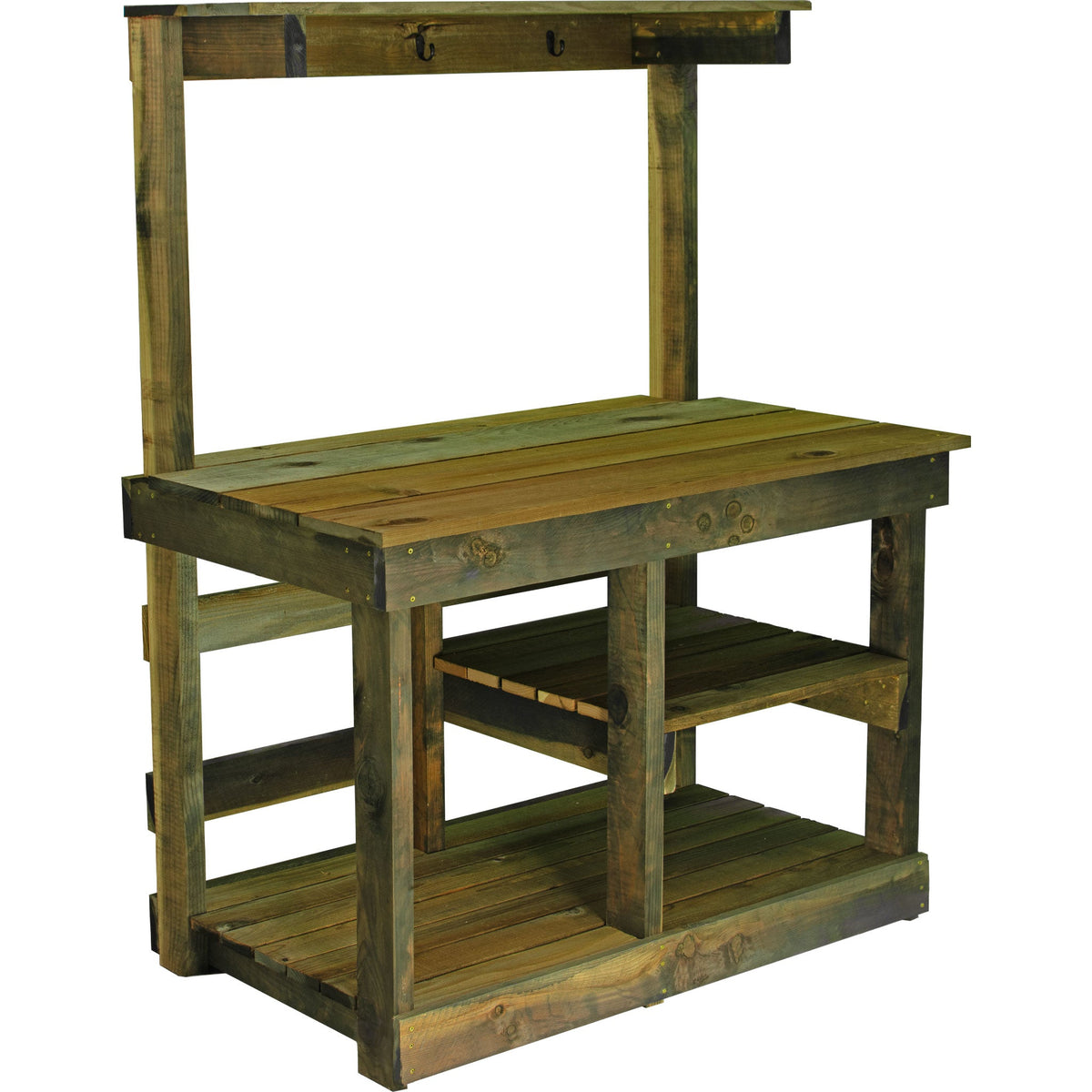 The side angle of the Rustic Gardening Workbench and Potting Table.  Natural Redwood Style Frame.