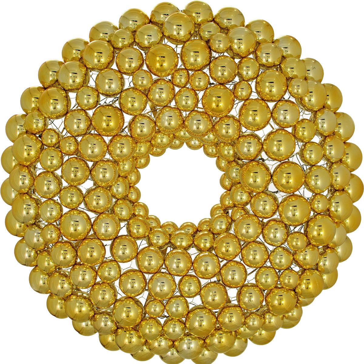 The large Shiny Gold Ball Ornament Wreath is made for indoor and outdoor decorating.