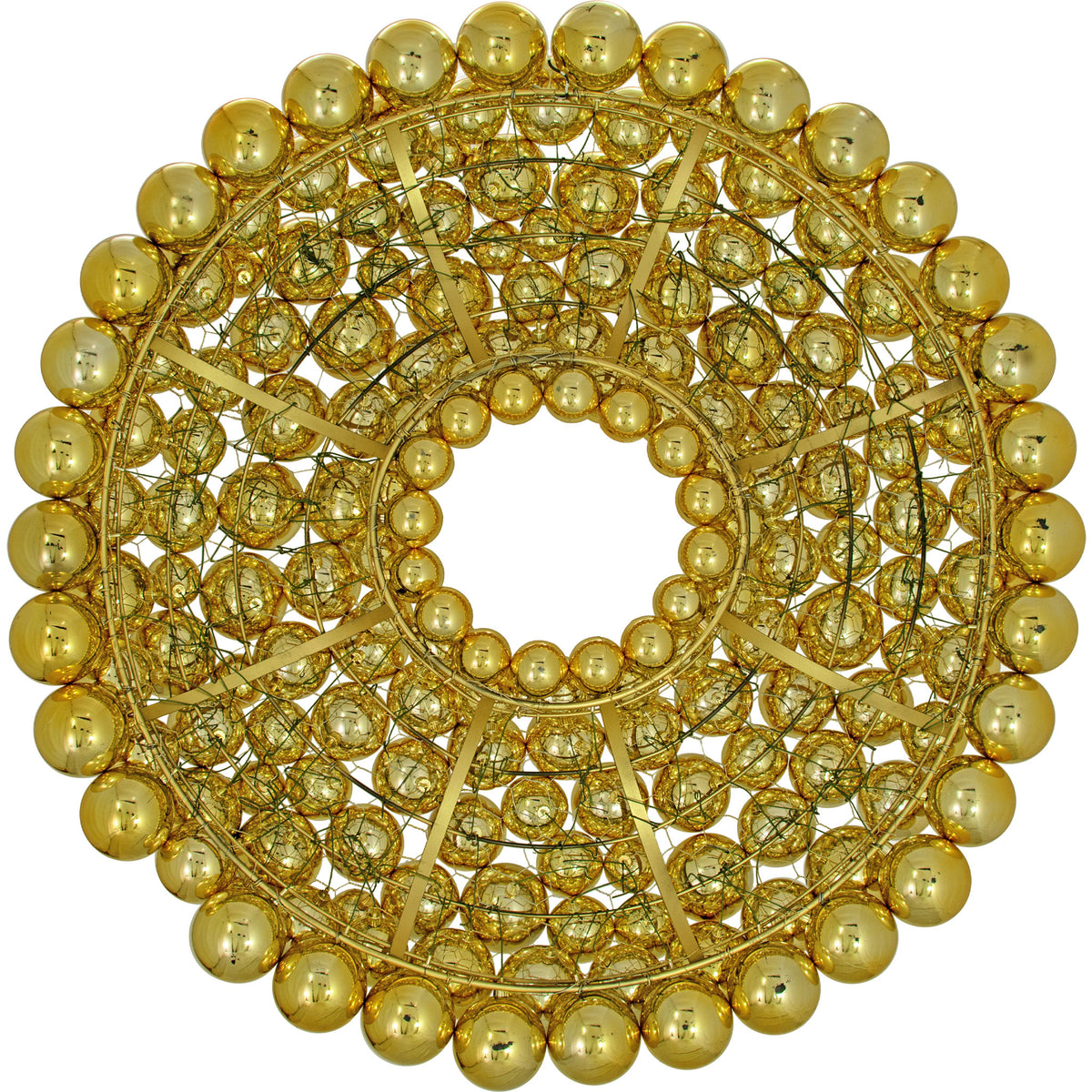 The Shiny Gold Ball Ornament Wreath measuring 36 inches in diameter comes with a 3-dimensional frame made of chicken wire and steel.