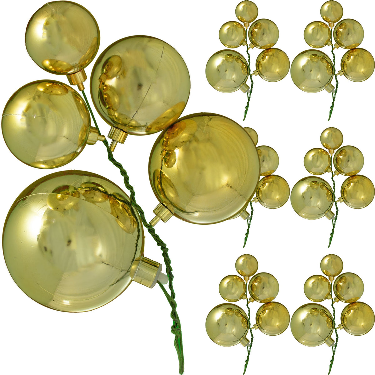 Classic Christmas Ball Clusters with Shiny Gold Ornaments are perfect for decorating your Christmas Tree.  Sold in sets of 6 from leedisplay.com