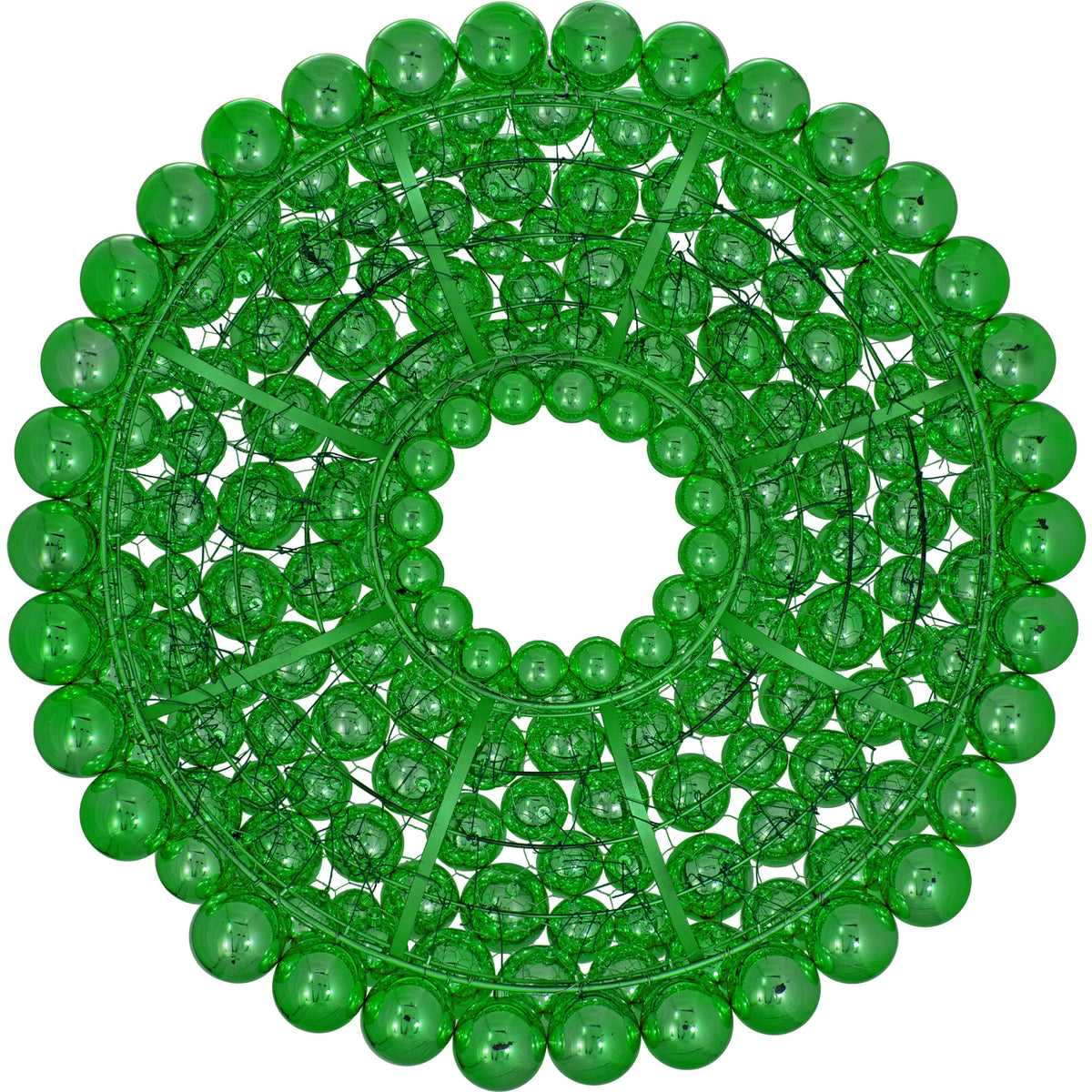 The back of the Ball Ornament Wreath.  The Shiny Green Ball Ornament Wreath measuring 36 inches in diameter comes with a 3-dimensional frame made of chicken wire and steel.