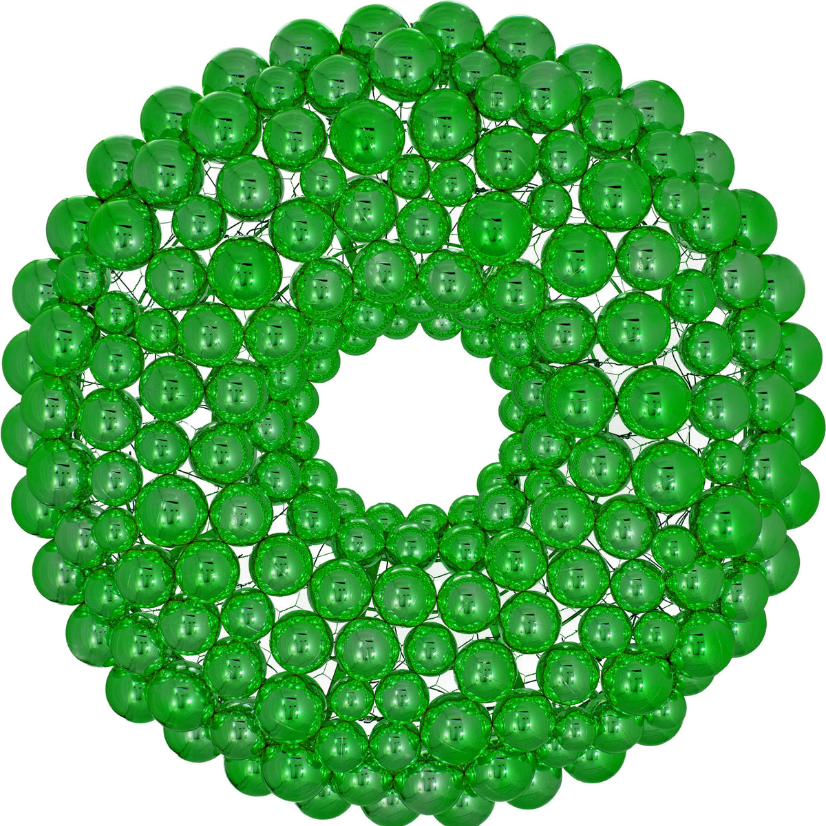 The front of the Ball Ornament Wreath.  The large Shiny Green Ball Ornament Wreath is made for indoor and outdoor decorating.