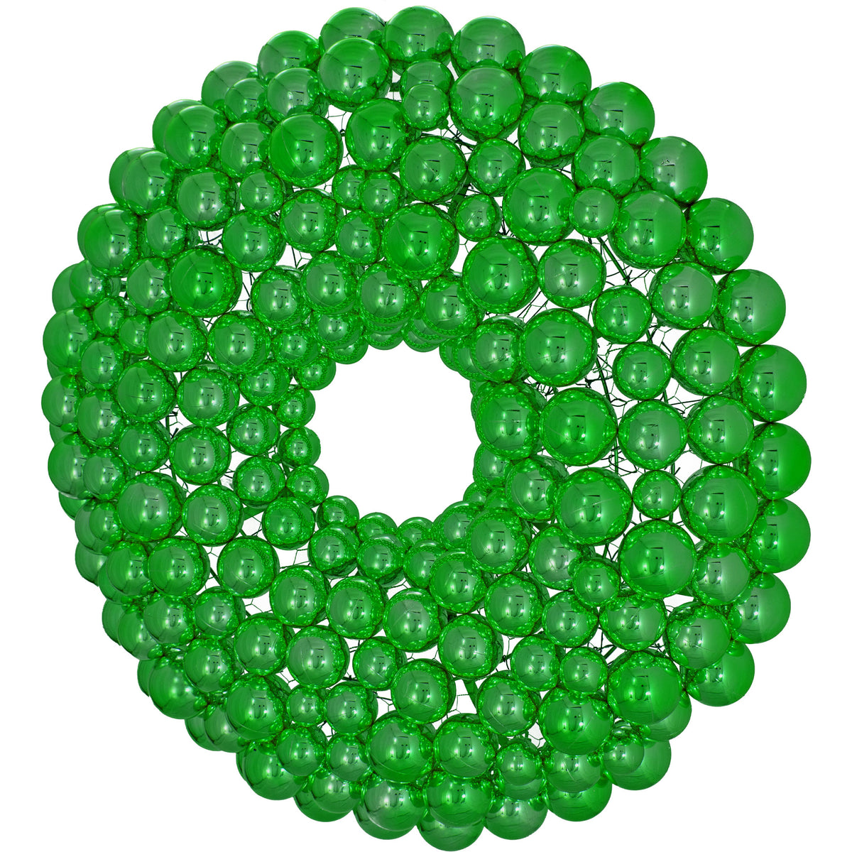 A side angle of the Ball Ornament Wreath.  The Green Ball Ornament Wreath is made with different sizes of shiny plastic ball ornaments.