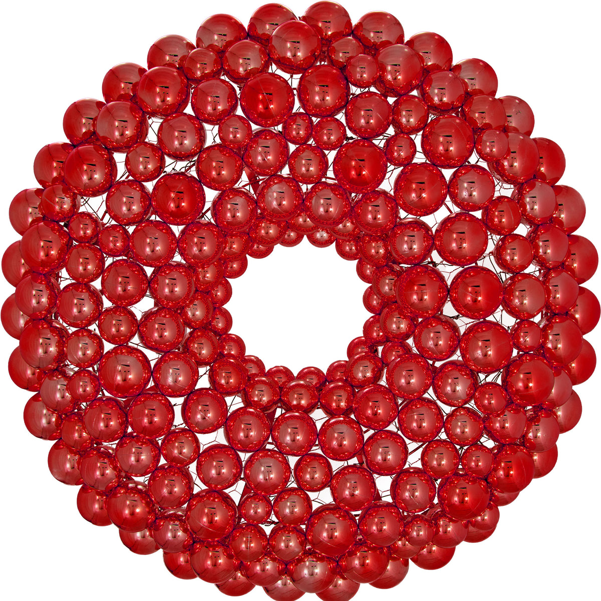 The front of the Ball Ornament Wreath.  The large Shiny Red Ball Ornament Wreath is made for indoor and outdoor decorating.