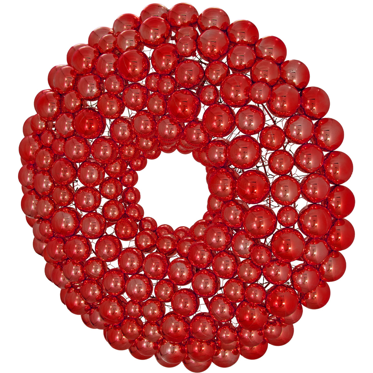 A side angle of the Ball Ornament Wreath.  The Red Ball Ornament Wreath is made with different sizes of shiny plastic ball ornaments.