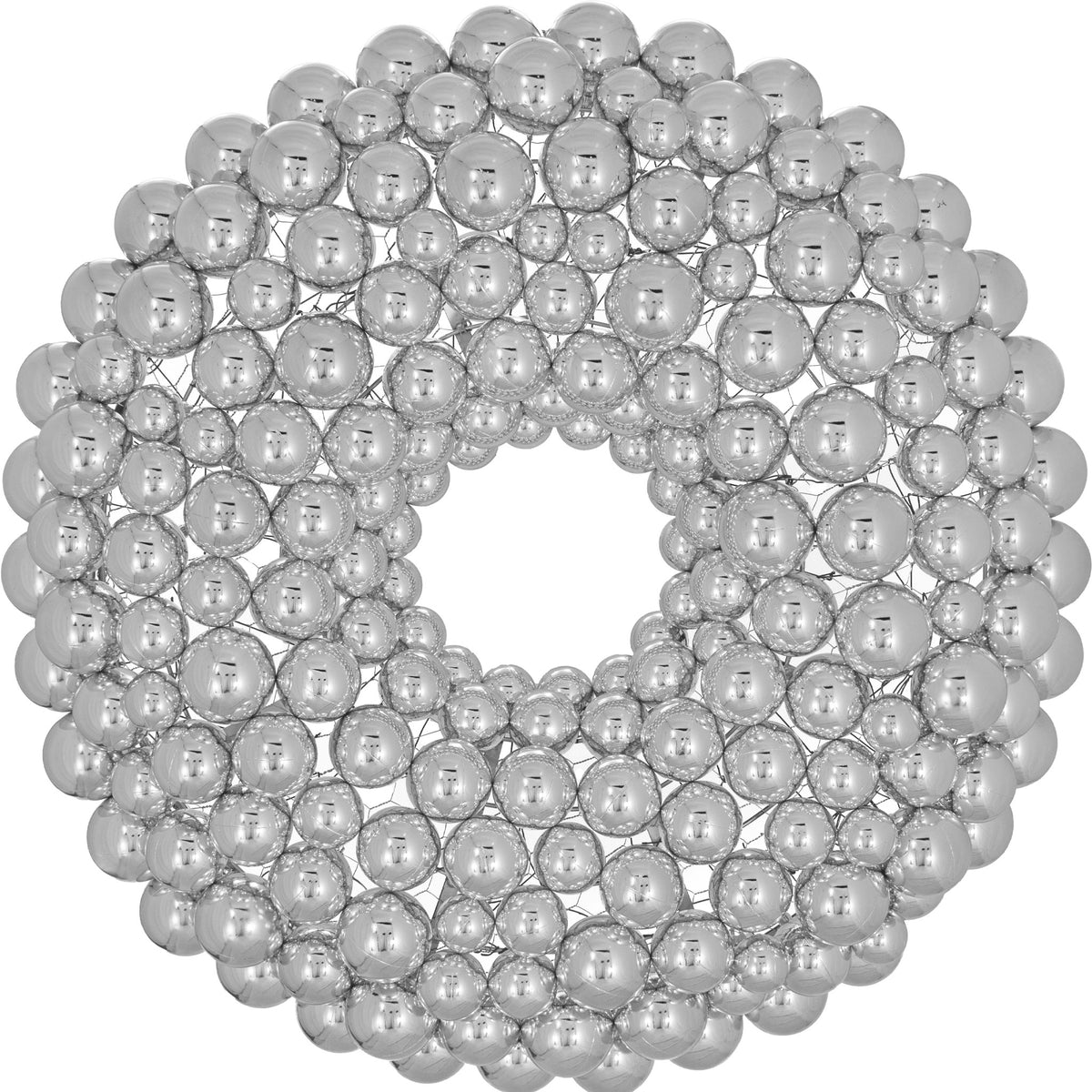 The front of the Ball Ornament Wreath.  The large Shiny Silver Ball Ornament Wreath is made for indoor and outdoor decorating.