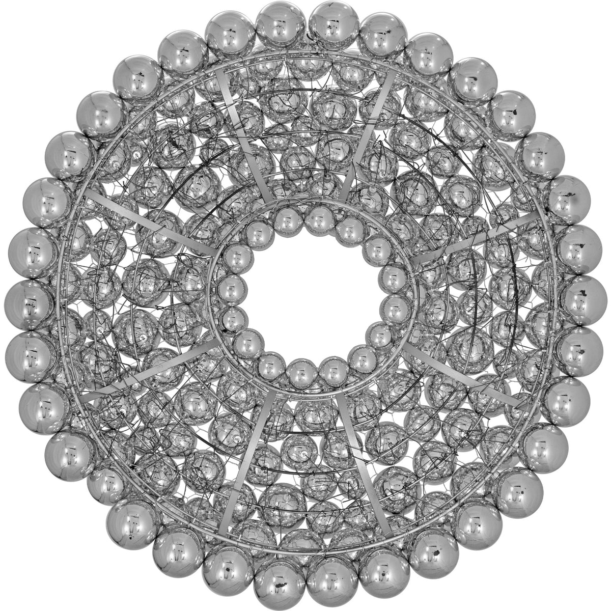 The back of the Ball Ornament Wreath.  The Shiny Silver Ball Ornament Wreath measuring 36 inches in diameter comes with a 3-dimensional frame made of chicken wire and steel.