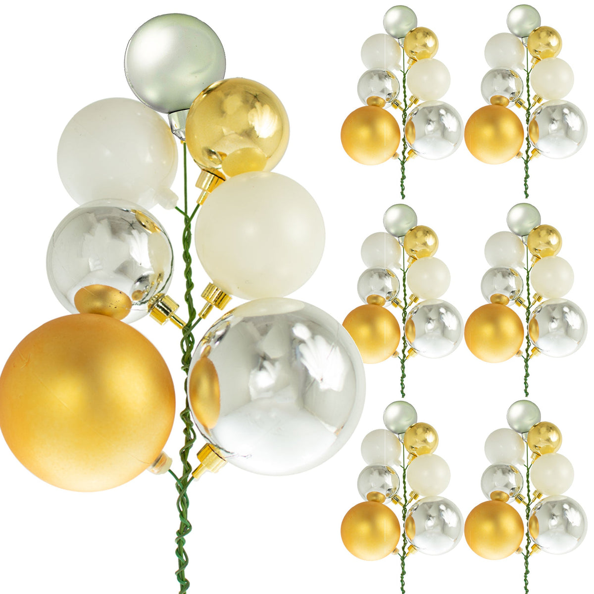 The Gold and Silver Christmas Ball Ornament Clusters are sold in sets of 6 from leedisplay.com