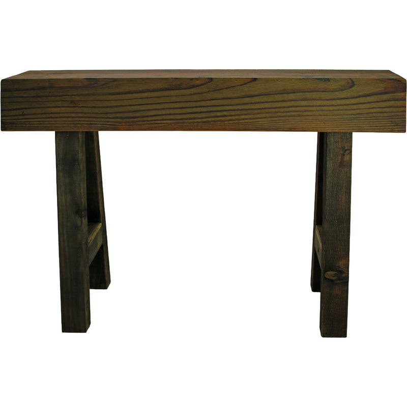Rustic redwood console table with narrow entryway profile and handcrafted wood grain finish