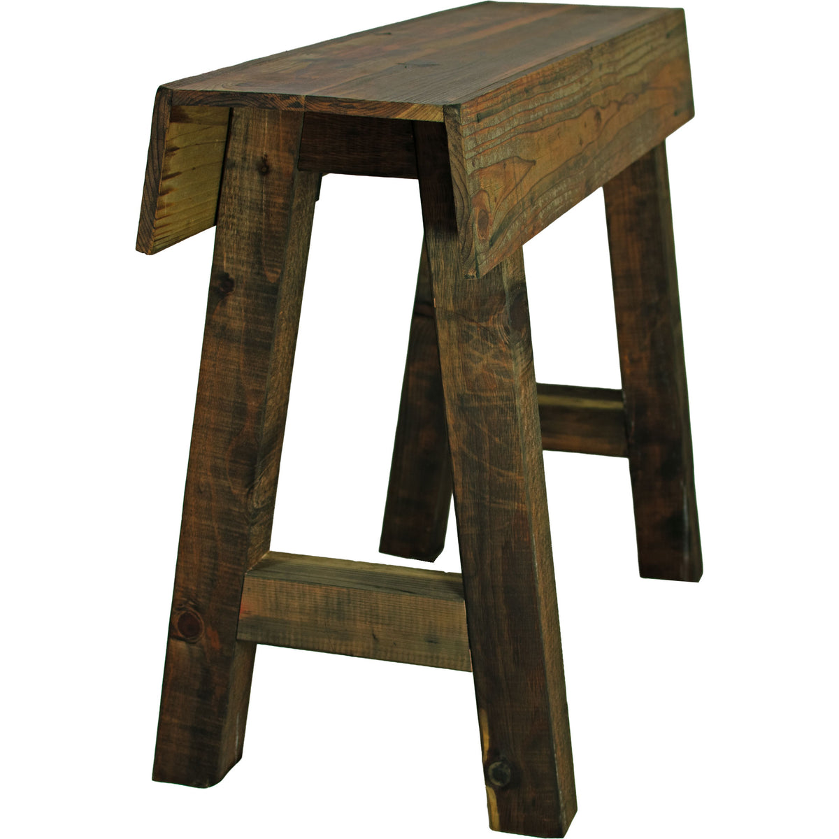 Solid redwood display table with rustic finish for entryways, hallways, and retail styling