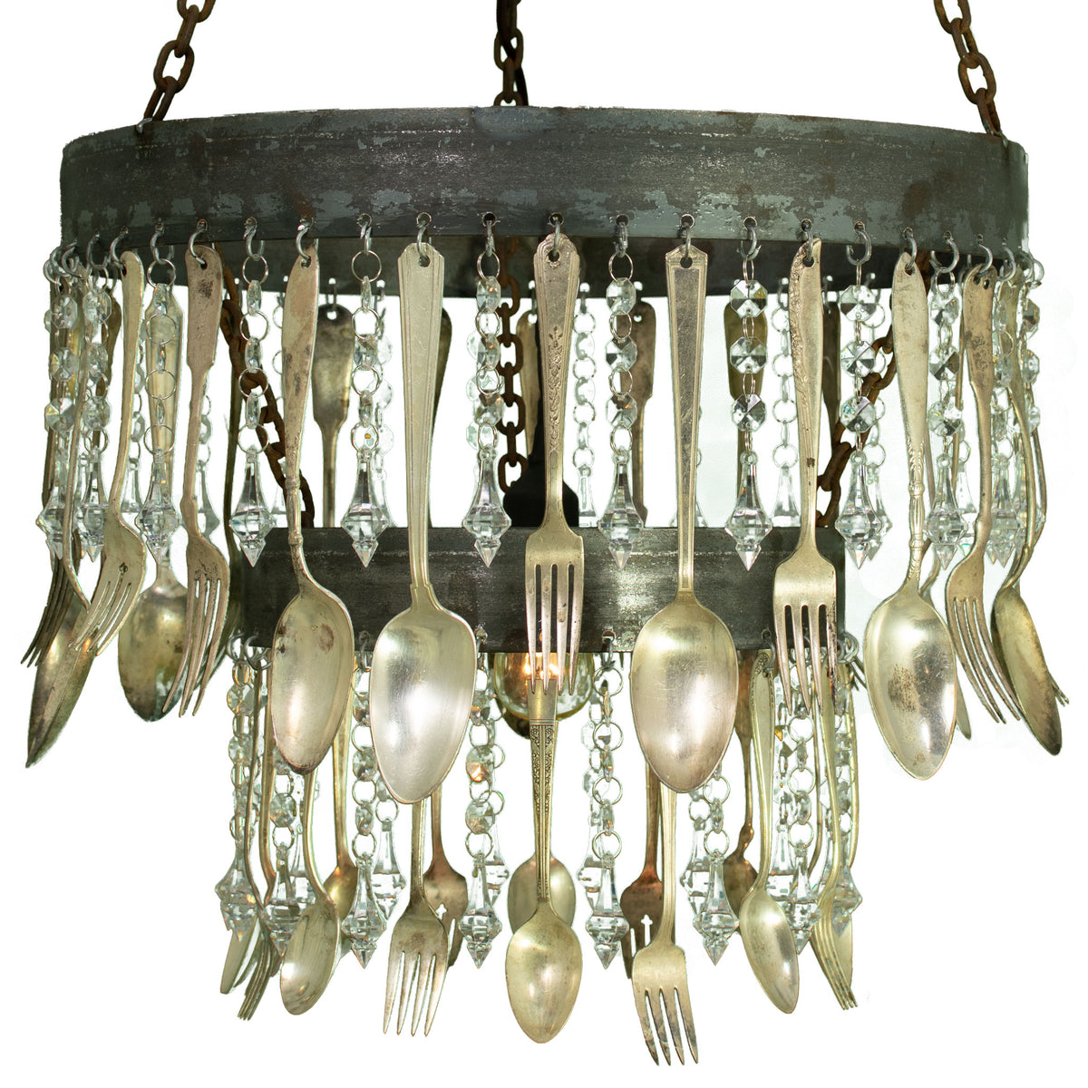 Antique Spoon and Plastic Crystal Chandelier with steel rings