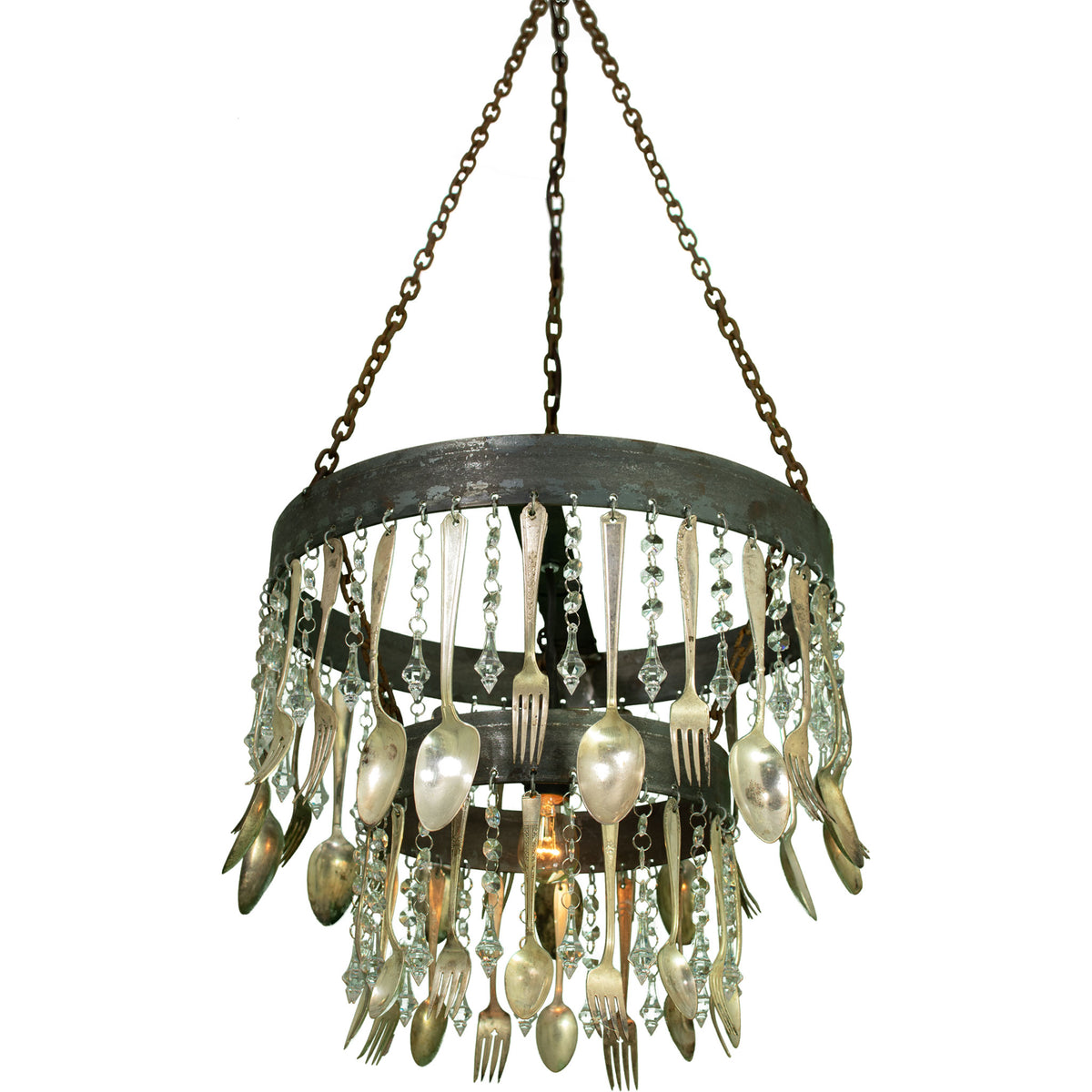 Antique Spoon and Crystal Chandelier with rustic metal hanging chain