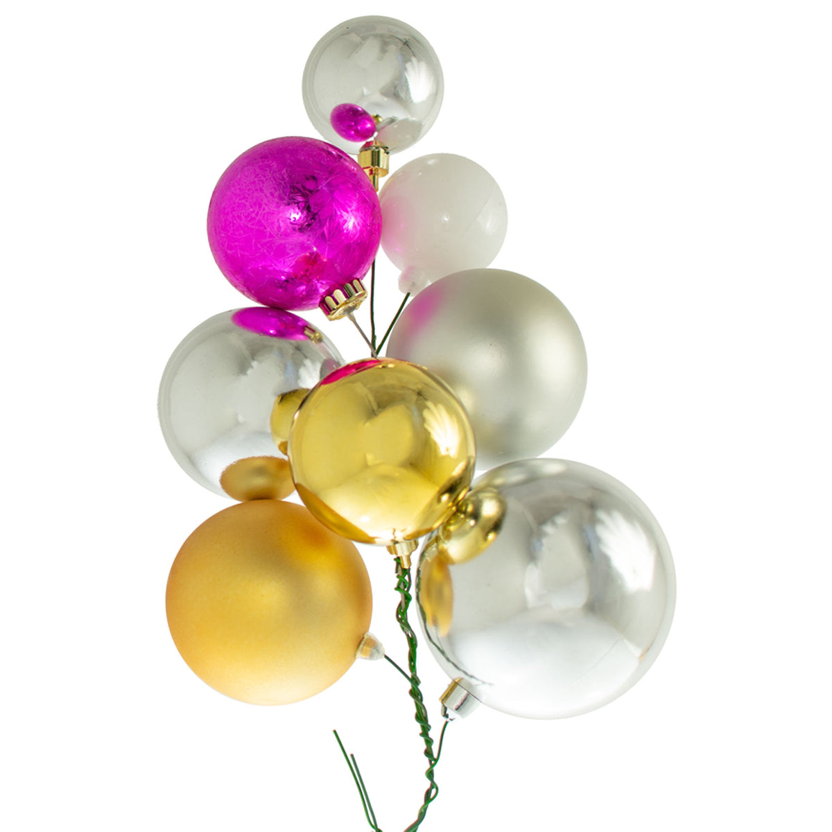 Colors include:  1 - Shiny Gold Ball Ornament (70MM) 3 - Shiny Silver Ball Ornaments (100MM, 80MM, 60MM) 1 - Matte Gold Ball Ornament (80MM) 1 - Matte Silver Ball Ornaments (80MM) 1 - Galvanized Pink Ball Ornament (70MM) 1 - Shiny White Ball Ornament (60MM)