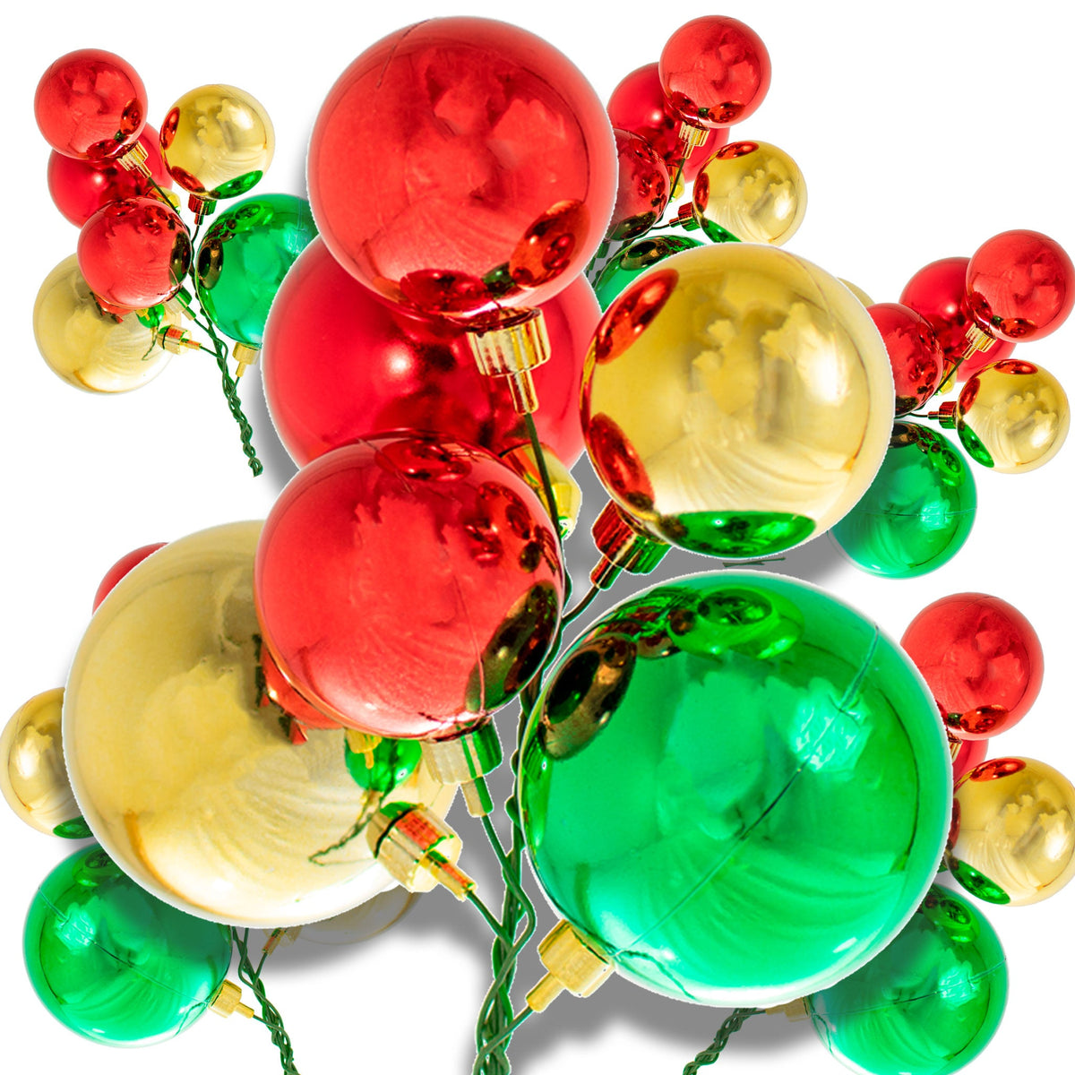 The Classic Christmas Ball Ornament Cluster with Shiny Red, Gold, and Green Ball Ornaments are sold in sets of 6 from leedisplay.com