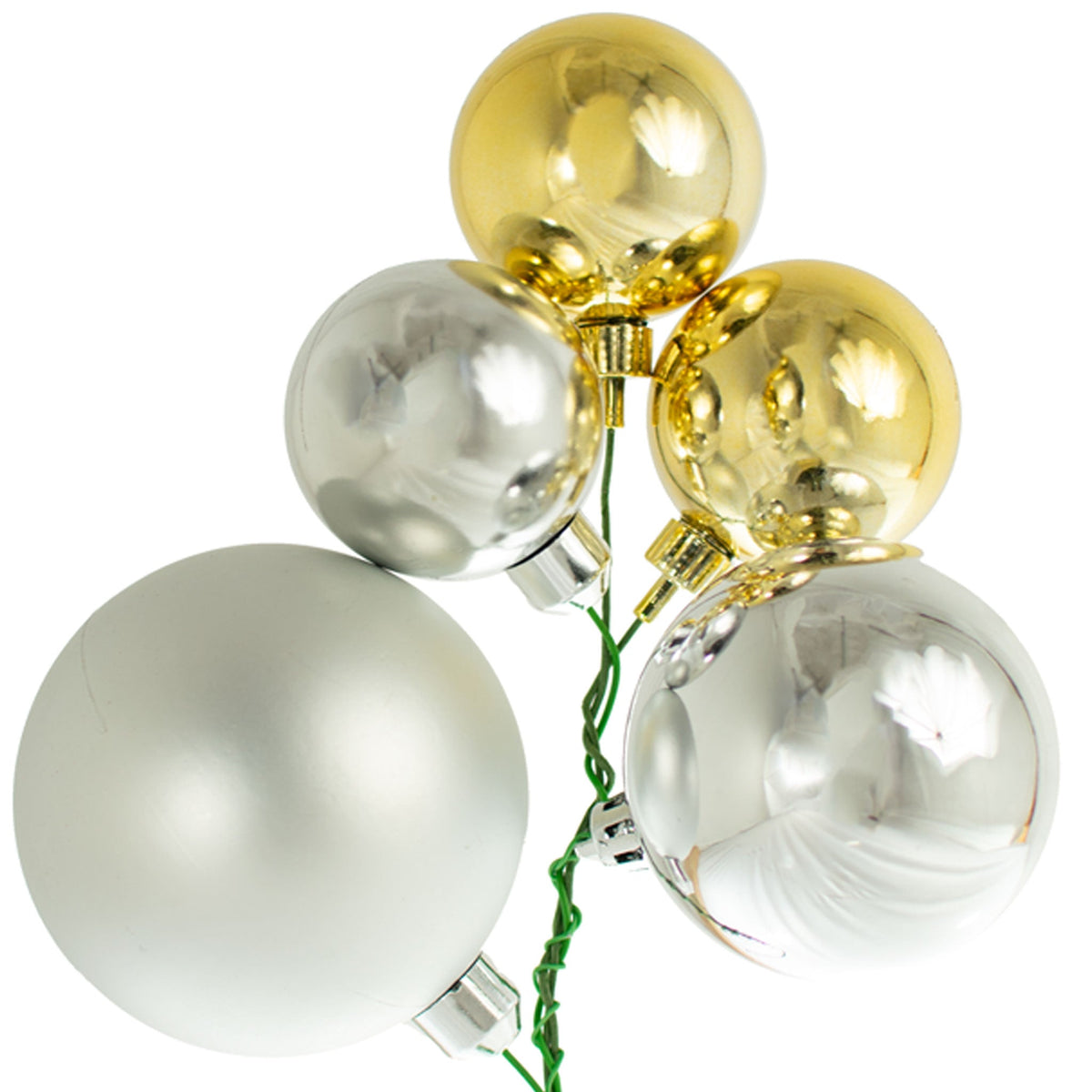 Colors include:  2 - Shiny Gold Ball Ornaments (50MM) 2 - Shiny Silver Ball Ornaments (70MM & 60MM) 1 - Matte Silver Ball Ornament (80MM)