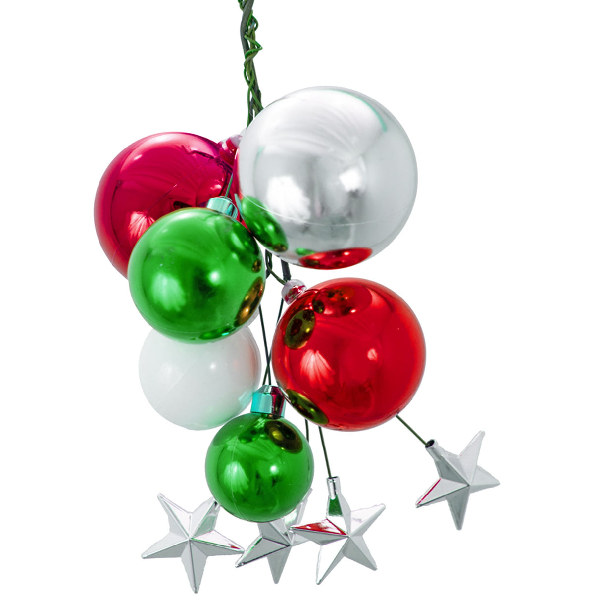Colors include:  2 - Shiny Red Ball Ornaments (80MM & 70MM) 1 - Shiny Silver Ball Ornament (80MM) 2 - Shiny Green Ball Ornaments (70MM & 60MM) 4 - Shiny Silver Stars
